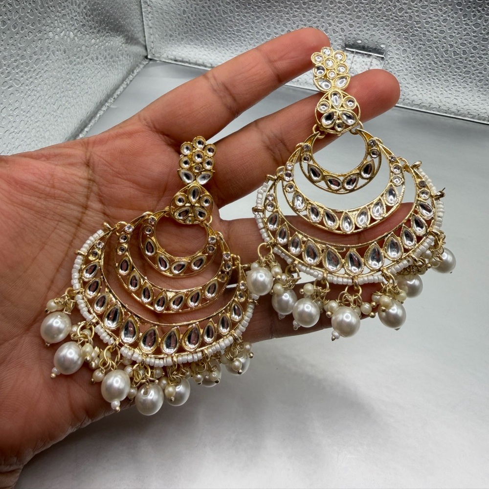 Elegant Gold Kundan Chandelier Earrings